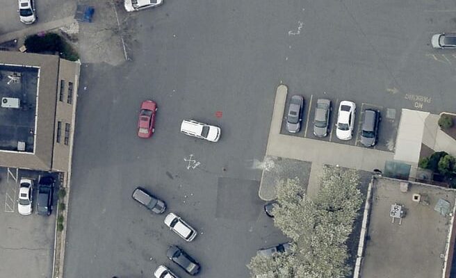 Drone image of the Citizens Bank parking lot with the Green Infrastructure being installed